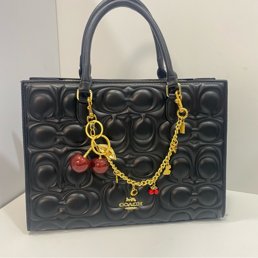 Coach Black Quilted Leather Tote with Gold Cherry Charm
